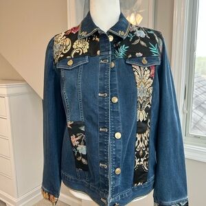 Chico's Blue and Black Embroidered Jean Jacket
